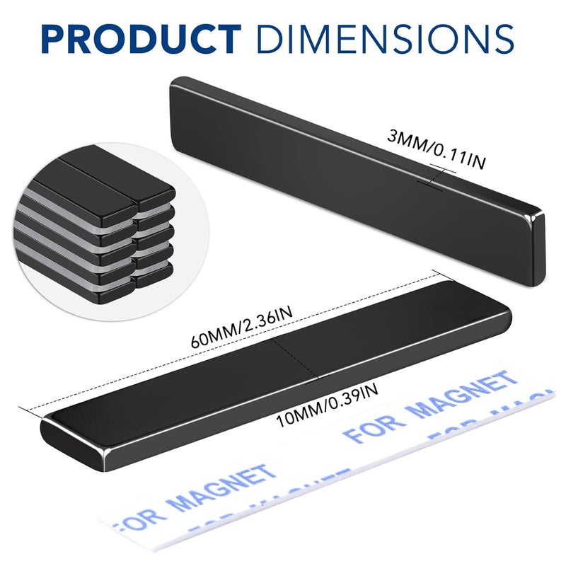 TRYMAG Strong Neodymium Black Magnets Bar, 12 Pack Powerful Rare Earth Magnets with Double-Sided Adhesive, Waterproof Black Magnetic Magnet Strips Heavy Duty for Kitchen, DIY, Office - 60 x 10 x 3 mm - Image 3